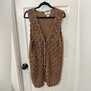 VINTAGE 90’s Style Crochet Knit Long Vest Shawl Gold Color